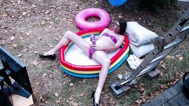 Outdoor WAM sissy gurl in pink pvc micro bikini oiled up and drenched in milky water plays with herself no cum - 8 image
