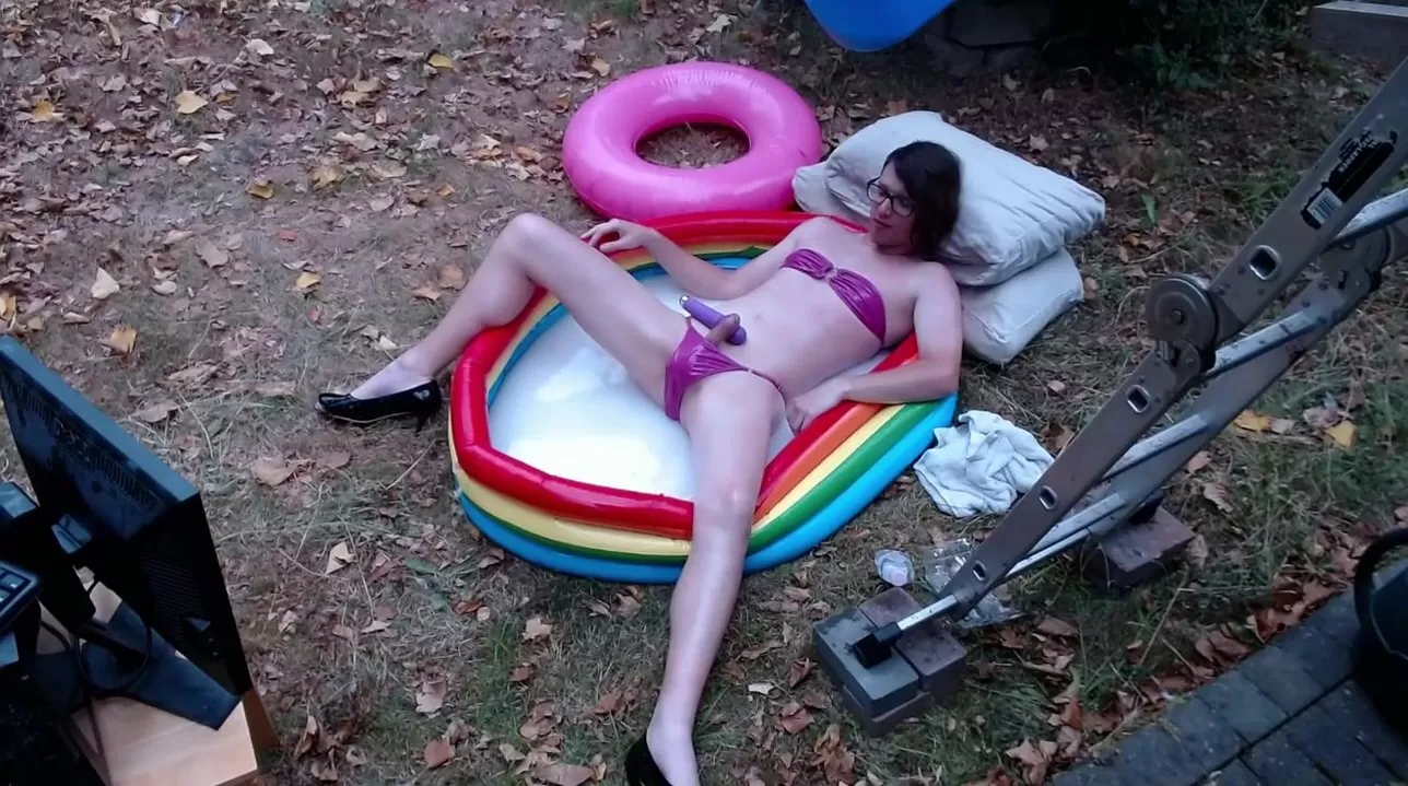 Outdoor WAM sissy gurl in pink pvc micro bikini oiled up and drenched in milky water plays with herself no cum watch online photo