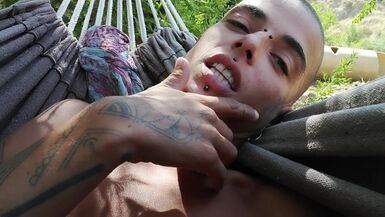 On the hammock. I lick my hairy armpits and play whit my asshole. - 1 image