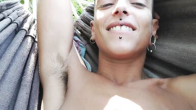 On the hammock. I lick my hairy armpits and play whit my asshole. - 3 image