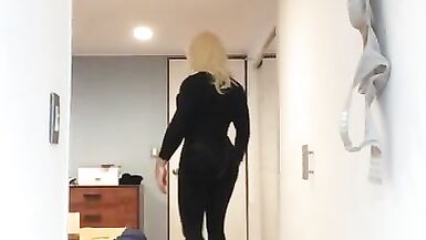 Brigitte's Black dress (trans, crossdress, mask, female mask, fetish, blonde, pantyhose, high heels)