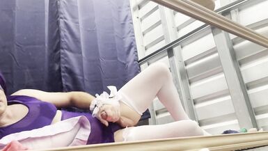 CindiCsissy masturbating in tight purple and white stockings - 3 image