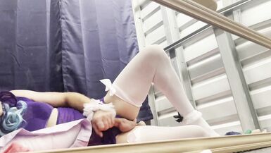 CindiCsissy masturbating in tight purple with white stockings - 5 image