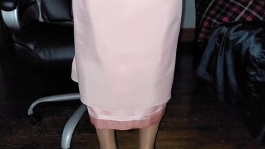 Long pink satin skirt with silky white half slip. - 15 image