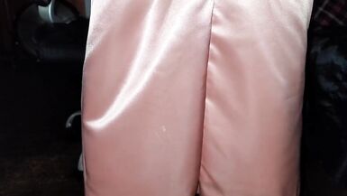 Long pink satin skirt with silky white half slip. - 4 image