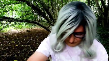 amateur crossdresser kellycd2022 masturbating big cumshot outdoors in the woods in stockings and sexy panties - 2 image