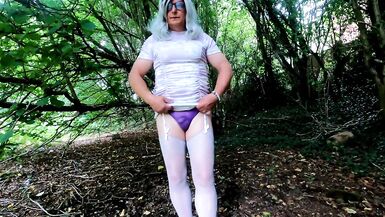 amateur crossdresser kellycd2022 masturbating big cumshot outdoors in the woods in stockings and sexy panties - 6 image