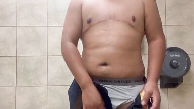 Horny Chub FTM Guy Strips and Jerks off his Meta T Cock in Public Restroom