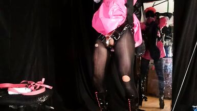 Suspension Self Bondage Sissy Maid in Chastity, Gagged and Blindfolded