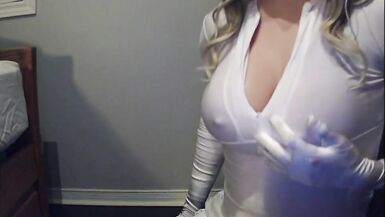 Masked Girl in White Pt1! A mysterious masked girl with big tits feels herself! - 11 image