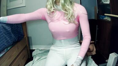 Reni's Dream! Shy masked blonde girl puts on her gloves and starts to play with herself!