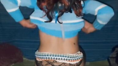 I cut my crochet shorts into a mini skirt with my blue jumper and black gstring - 7 image