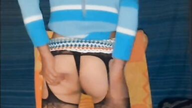 I cut my crochet shorts into a mini skirt with my blue jumper and black gstring - 8 image