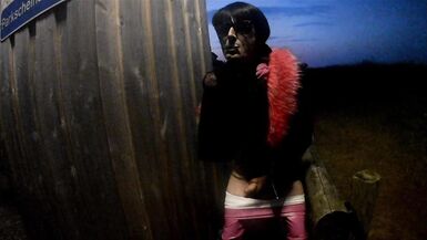 sissyslut in tight leather fucks her ass and cum in public