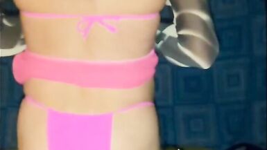 I feel so slutty in my pink bikini oiled up ready to shake and shimmy my fat ass at a beach party and tease everyone - 4 image