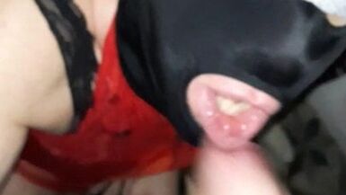 Piss drinking when he sucks and deepthroat on a hooded trans - 1 image