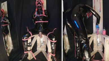 Strapped to Fucking Machine Chair in PVC Catsuit Gagged in Chastity - 1 image