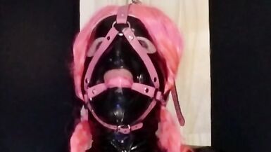 Strapped to Fucking Machine Chair in PVC Catsuit Gagged in Chastity