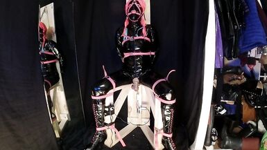 Strapped to Fucking Machine Chair in PVC Catsuit Gagged in Chastity - 12 image