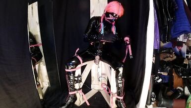 Strapped to Fucking Machine Chair in PVC Catsuit Gagged in Chastity - 15 image