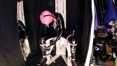 Strapped to Fucking Machine Chair in PVC Catsuit Gagged in Chastity - 2 image