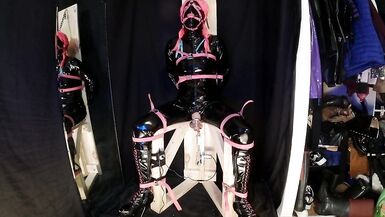 Strapped to Fucking Machine Chair in PVC Catsuit Gagged in Chastity - 6 image