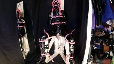 Strapped to Fucking Machine Chair in PVC Catsuit Gagged in Chastity - 7 image