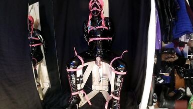 Strapped to Fucking Machine Chair in PVC Catsuit Gagged in Chastity - 8 image