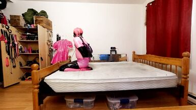 Self Bondage in PVC Layers, Steel Chastity Belt and Large Dildo Locked - 10 image