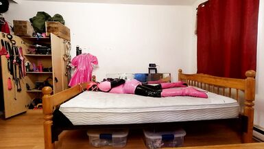 Self Bondage in PVC Layers, Steel Chastity Belt and Large Dildo Locked - 12 image