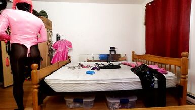 Self Bondage in PVC Layers, Steel Chastity Belt and Large Dildo Locked - 2 image