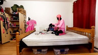 Self Bondage in PVC Layers, Steel Chastity Belt and Large Dildo Locked - 6 image