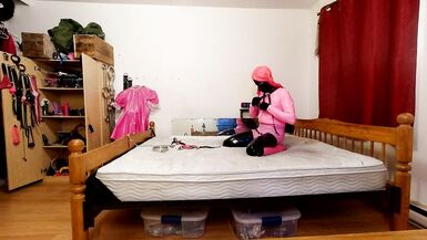 Self Bondage in PVC Layers, Steel Chastity Belt and Large Dildo Locked - 7 image