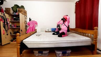 Self Bondage in PVC Layers, Steel Chastity Belt and Large Dildo Locked - 8 image