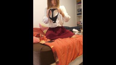 Cute femboy cum all over my skirt - 1 image