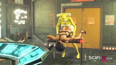 Cyberpunk sex. Hot 3d futanari plays with a sexy cuffed girl in sci-fi lab - 13 image