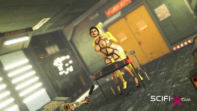 Cyberpunk sex. Hot 3d futanari plays with a sexy cuffed girl in sci-fi lab - 8 image