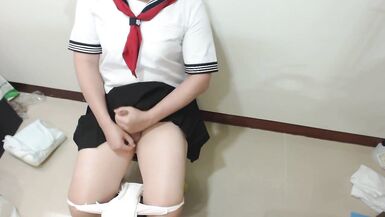 Crossdresser Wearing Sailor Fuku (Japanese Uniform) Cumming on and Changing a Sanitary Towel - 8 image