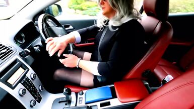 crossdresser kellycd2022 enjoying an afternoon car ride outdoor masturbating big cumshot in heels and pantyhose stocking - 1 image