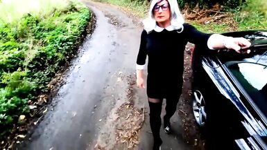 crossdresser kellycd2022 enjoying an afternoon car ride outdoor masturbating big cumshot in heels and pantyhose stocking - 5 image
