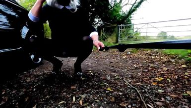 crossdresser kellycd2022 enjoying an afternoon car ride outdoor masturbating big cumshot in heels and pantyhose stocking - 6 image