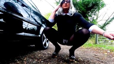 crossdresser kellycd2022 enjoying an afternoon car ride outdoor masturbating big cumshot in heels and pantyhose stocking - 7 image