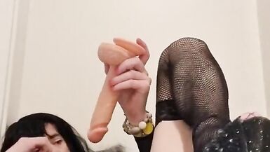 Submissive slut shemale takes a huge dildo in her gaping ass hole - 14 image