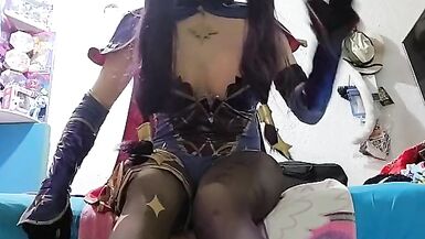 Mona genshin impact kigurumi masturbating her dick feet fetish