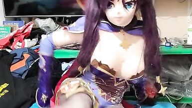 Mona genshin impact kigurumi masturbating her dick feet fetish - 9 image