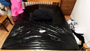 Sissy Maid Cuffed Spread Eagle in Steel Chastity Belt and Huge Dildo - 1 image