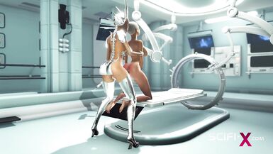 Sex android futanari plays with a sexy blonde in the sci-fi med bay