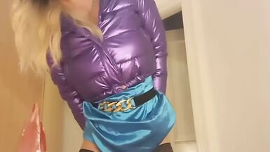 jess silk riding dildo in turquoise satin dress and shiny purple jacket with blonde wig - 1 image