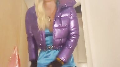 jess silk riding dildo in turquoise satin dress and shiny purple jacket with blonde wig - 12 image