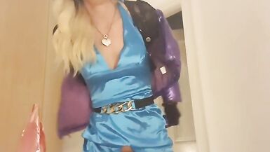 jess silk riding dildo in turquoise satin dress and shiny purple jacket with blonde wig - 13 image